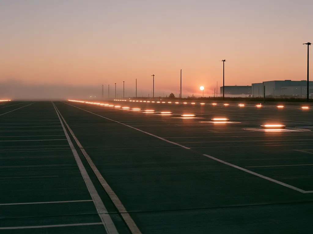 Rows of lit inductive charging pads on an empty fleet apron at dawn