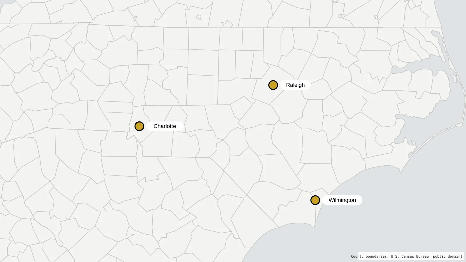 Map of North Carolina with Charlotte, Raleigh, and Wilmington marked